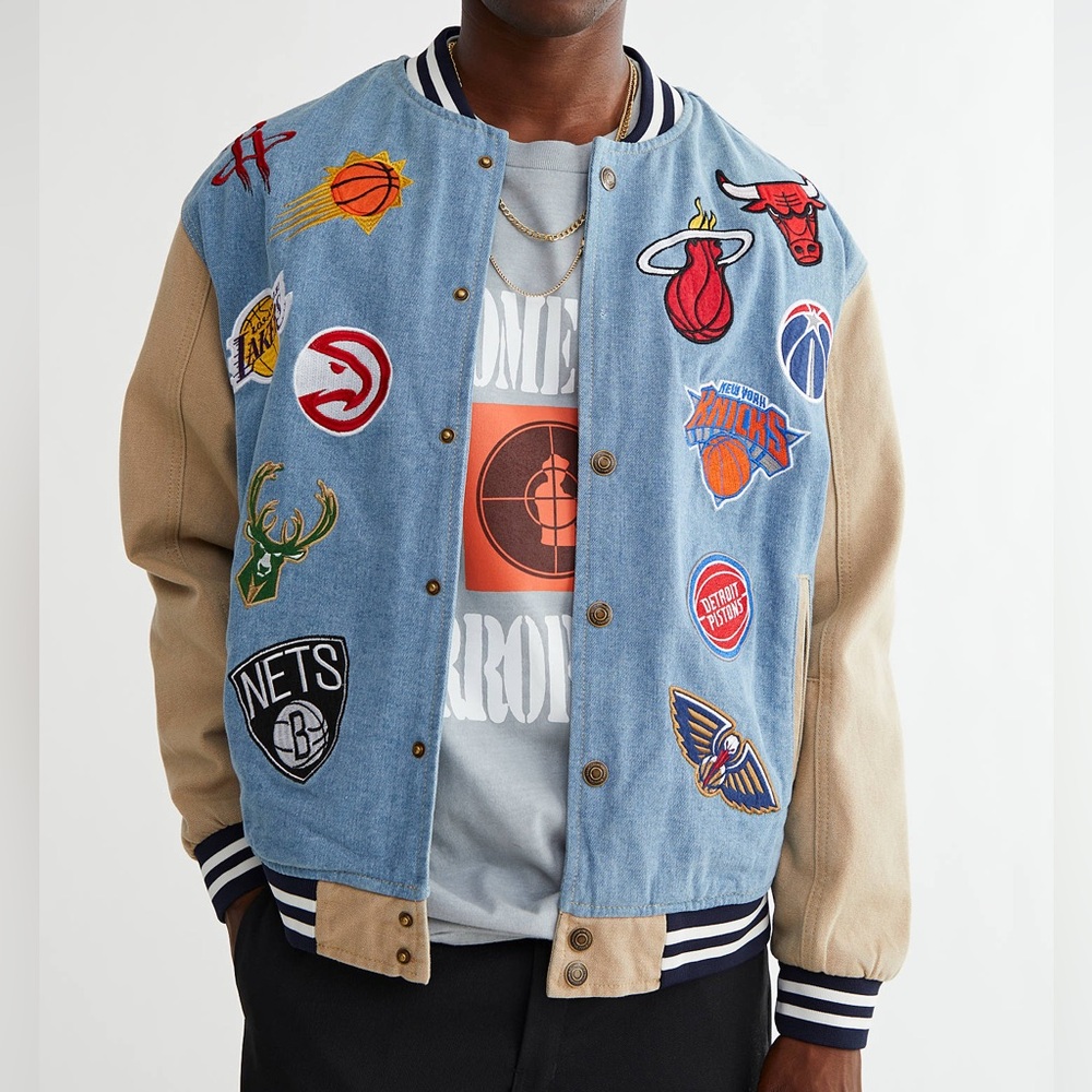 UO Exclusive NBA Denim Varsity Jacket